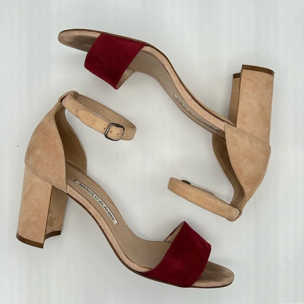 Manolo Blahnik Sz 38 Red and Tan Heels Lauratomod Velukid Block Sandals NO BOX - Picture 7 of 13